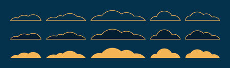 Fluffy cloud design elements collection, isolated clip art. Hand drawn line art, flat, silhouette vector illustration. Mid Autumn Festival, Dragon Boat Festival, Lunar New Year traditional holiday setのイラスト素材