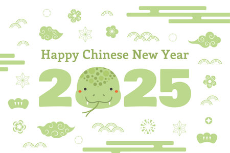 2025 Chinese Lunar New Year cute cartoon snake, clouds, plum blossoms, abstract elements. Flat style vector illustration. Design concept CNY, Seollal, Tet holiday card, banner, poster, decor elementのイラスト素材