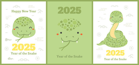 2025 Chinese Lunar New Year cute snake poster, banner collection, clouds, plum blossoms, abstract elements. Flat style vector illustration. Design concept CNY, Seollal, Tet holiday card decor elementのイラスト素材