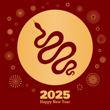 2025 Lunar New Year Chinese snake silhouette, fireworks, text Happy New Year, gold on red. Vector illustration. Flat Flat style design. Concept for holiday card, banner, poster, decor elementのイラスト素材