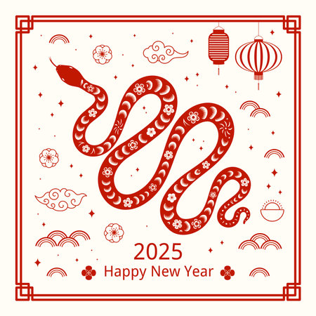2025 Lunar New Year paper cut snake silhouette, flowers, clouds, Chinese text Happy New Year, red on white. Vector illustration. Flat style design. Concept holiday card, banner, poster, decor elementのイラスト素材