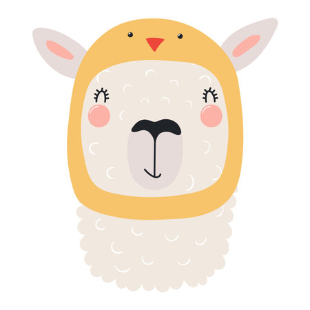 Cute llama face in chick hat Easter character illustration. Hand drawn flat style design, isolated vector. Holiday clip art, seasonal card, banner, poster, kids print elementのイラスト素材