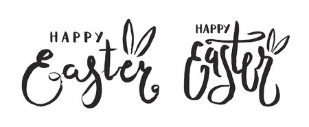 Happy Easter hand lettering quotes, calligraphy isolated elements collection. Hand drawn style line art design, vector illustration. Holiday clip art set. Seasonal promotion, card, banner, inviteのイラスト素材