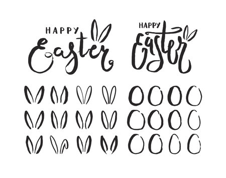 Happy Easter lettering quotes, bunny ears, eggs isolated elements collection. Hand drawn style line art design, vector illustration. Holiday clip art set. Seasonal advertising, card, banner, inviteのイラスト素材