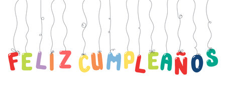 Happy Birthday Spanish text, letter shaped balloons hanging, festive decorations, garland, isolated vector illustration on transparent. Holiday party, celebration, anniversary, card design elementのイラスト素材