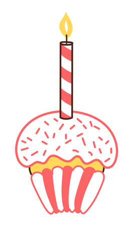 Cupcake with sprinkles, frosting, candle hand drawn illustration, isolated vector on transparent. Line drawing design. Birthday celebration, festival, carnival, party, anniversary clip art, elementのイラスト素材