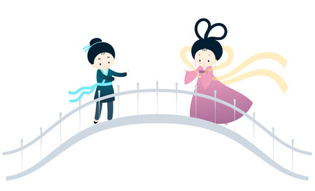 Qixi Festival, Tanabata lovers meeting on magpie bridge kawaii characters illustration, isolated vector. Hand drawn cute flat design. Traditional Chinese holiday element. China Valentines Dayのイラスト素材