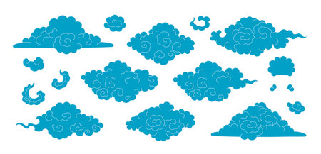 Line drawing Asian clouds collection isolated, blue on transparent. Hand drawn vector illustration. Chinese, Japanese, Korean design elements, clip art set. Traditional Buddhist thangka artのイラスト素材