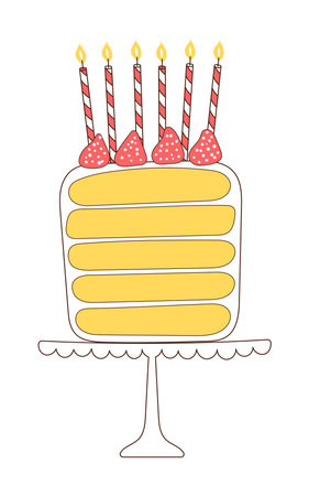 Birthday cake, sponge cake with strawberries, burning candles hand drawn illustration, isolated vector. Line drawing design. Birthday celebration, festival, carnival, party clip art, elementのイラスト素材