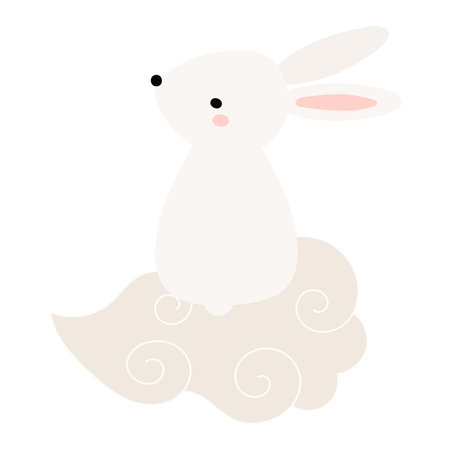 Kawaii rabbit, bunny, hare on a cloud isolated on transparent. Flat vector illustration. Cute cartoon character. Mid Autumn Festival, Tsukimi, Chuseok festive design element, holiday clip artのイラスト素材