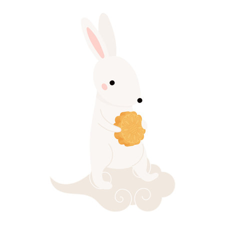 Kawaii rabbit with mooncake on a cloud isolated on transparent. Flat vector illustration. Cute cartoon character. Mid Autumn Festival, Tsukimi, Chuseok festive design element, holiday clip artのイラスト素材