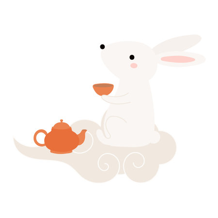 Kawaii rabbit drinking tea on a cloud, teapot, teacup isolated on transparent. Flat vector illustration. Cute cartoon character. Mid Autumn Festival, Tsukimi, Chuseok design element, holiday clip artのイラスト素材