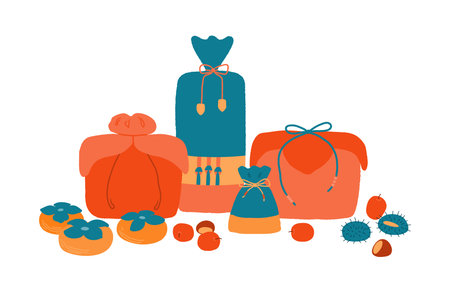 Traditional Chuseok food, gifts, jujube, persimmon, chestnut fruits, isolated on transparent. Hand drawn flat vector illustration. Korean Mid Autumn Festival design elements collection, clip artのイラスト素材