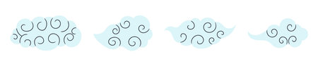 Traditional Asian fluffy clouds, cumulus clouds, isolated on transparent. Hand drawn flat vector illustration. Chinese, Japanese, Korean Mid Autumn Festival design elements collection, clip art setのイラスト素材