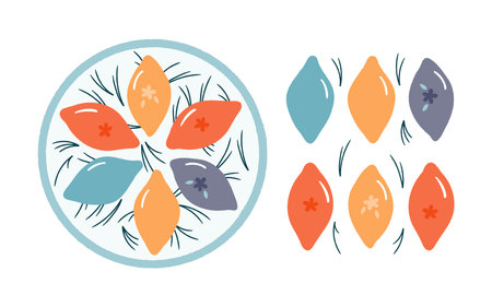Korean mooncakes on a plate, pine needles, traditional Chuseok food, isolated on transparent. Hand drawn flat vector illustration. Korean Mid Autumn Festival design elements collection, clip art setのイラスト素材