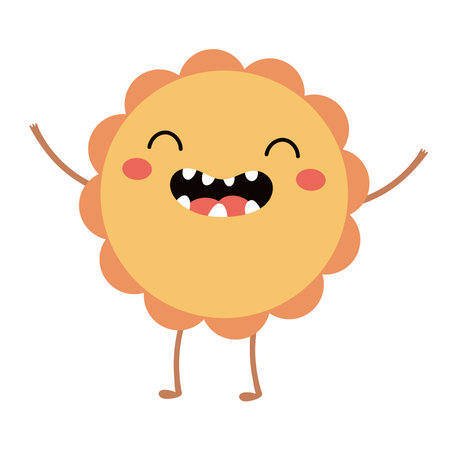 Mooncake with kawaii face, arms, legs isolated on transparent. Flat vector illustration. Cute cartoon character. Mid Autumn Festival design element, holiday clip art, card, banner, posterのイラスト素材