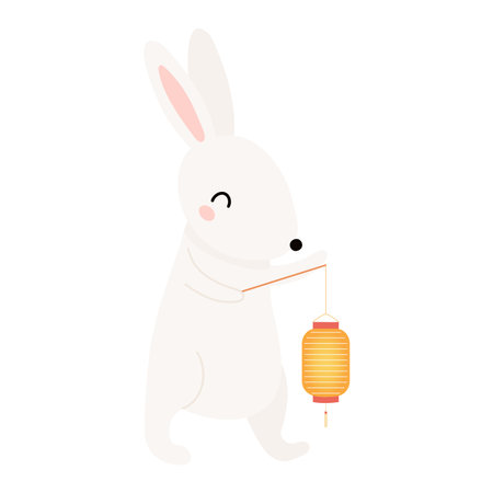 Kawaii rabbit, bunny, hare holding Chinese lantern isolated on transparent. Flat vector illustration. Cute cartoon character. Mid Autumn Festival, Tsukimi, Chuseok design element, holiday clip artのイラスト素材