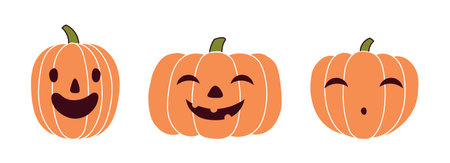 Halloween pumpkin, jack o lantern with carved face, isolated on transparent. Hand drawn flat vector illustration. Funny cartoon character. Holiday design elements collection, clip art set, bannerのイラスト素材