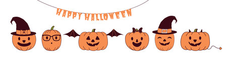Halloween pumpkins, jack o lanterns with carved faces, isolated on transparent. Hand drawn line vector illustration. Funny cartoon characters. Holiday banner, design elements collection, clip art setのイラスト素材