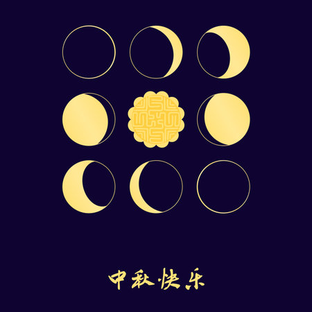 Lunar, moon phases, mooncake, Chinese text Mid Autumn Festival, gold elements, isolated on blue background. Flat vector illustration. Traditional holiday design, seasonal banner, cardのイラスト素材
