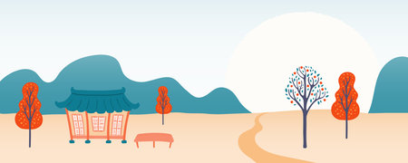 Rural Korean landscape, scene with traditional house hanok, persimmon, autumn trees, road, mountains, full moon. Chuseok background, backdrop, design elements. Hand drawn flat vector illustrationのイラスト素材