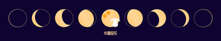 Lunar, moon phases, cute rabbit, bunny, hanging lanterns, Chinese text Mid Autumn Festival, gold elements on blue. Flat vector illustration. Cartoon character. Holiday design, seasonal banner, cardのイラスト素材