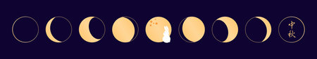 Lunar, moon phases, cute rabbit, bunny, osmanthus flowers, Chinese text Mid Autumn Festival, gold elements on blue. Flat vector illustration. Cartoon character. Holiday design, seasonal banner, cardのイラスト素材