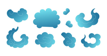 Traditional Asian cloud elements, swirl, spiral, line drawing, blue gradient, isolated on transparent. Hand drawn vector illustration. Buddhist thangka, Chinese, Japanese, Korean design, clip art setのイラスト素材
