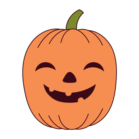 Halloween pumpkin, jack o lantern with carved face, isolated on transparent. Hand drawn line vector illustration. Funny cartoon character. Traditional holiday design element, clip artのイラスト素材