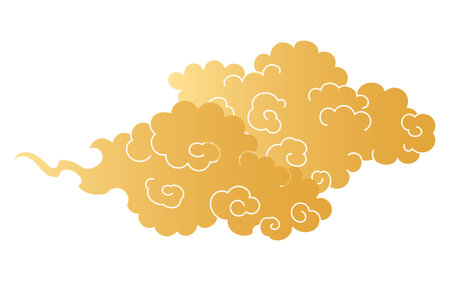 Traditional Asian cumulus clouds, flat paper cut, gold gradient, isolated on transparent. Hand drawn vector illustration. Buddhist thangka art. Chinese, Japanese, Korean design element, clip artのイラスト素材