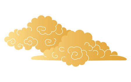 Traditional Asian cumulus clouds, flat paper cut, gold gradient, isolated on transparent. Hand drawn vector illustration. Buddhist thangka art. Chinese, Japanese, Korean design element, clip artのイラスト素材