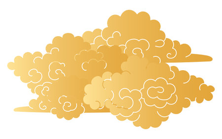Traditional Asian cumulus clouds, flat paper cut, gold gradient, isolated on transparent. Hand drawn vector illustration. Buddhist thangka art. Chinese, Japanese, Korean design element, clip artのイラスト素材