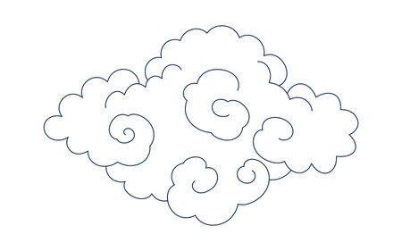 Traditional Asian cloud, cumulus cloud, line drawing, blue outline, isolated on transparent. Hand drawn vector illustration. Buddhist thangka art. Chinese, Japanese, Korean design element, clip artのイラスト素材