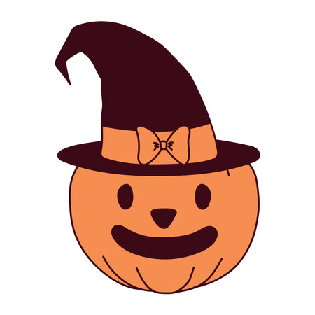 Halloween pumpkin, jack o lantern with carved face in witch hat, isolated on transparent. Hand drawn line vector illustration. Funny cartoon character. Traditional holiday design element, clip artのイラスト素材