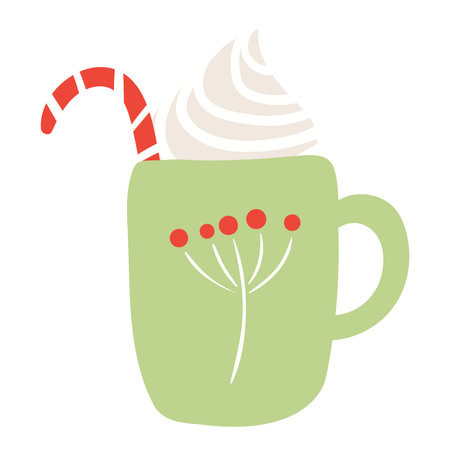 Mug with hot drink, whipped cream, sugar cane isolated on transparent. Hand drawn flat vector illustration. Traditional holiday food, sweets, Christmas, New Year, seasonal design element, clip artのイラスト素材