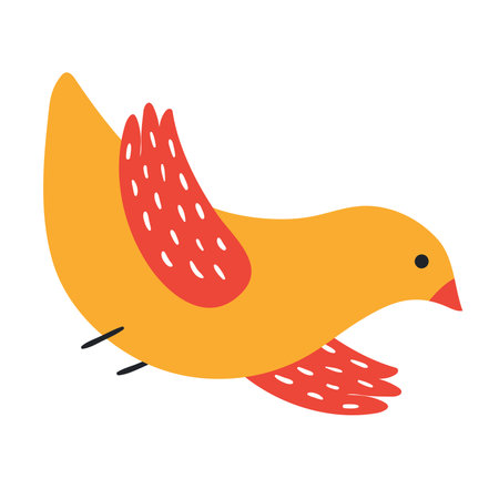 Flying bird isolated on transparent. Hand drawn flat vector illustration. Cute cartoon character. Traditional Christmas, New Year, seasonal design element, holiday clip art. Festive decoration, decorのイラスト素材