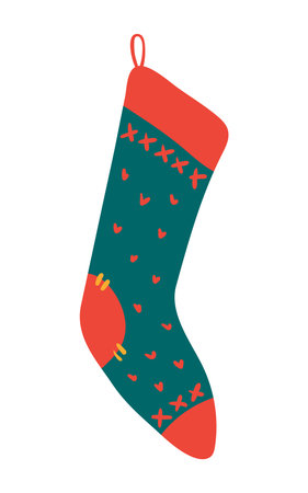 Christmas stocking, knitted sock isolated on transparent. Hand drawn flat vector illustration. Traditional holiday, Xmas, New Year, seasonal design element, winter clothes clip artのイラスト素材