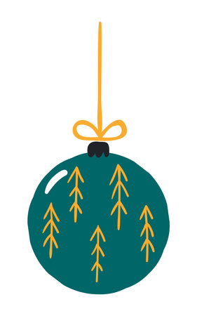 Christmas ornament, tree decoration, bauble, ball isolated on transparent. Hand drawn flat vector illustration. Traditional holiday, Xmas, New Year, seasonal design element, clip artのイラスト素材