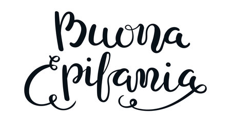 Happy Epiphany in Italian hand lettering, handwritten typography isolated on transparent. Hand drawn text, calligraphy. Vector illustration. Three Kings Day seasonal design element, holiday clip artのイラスト素材