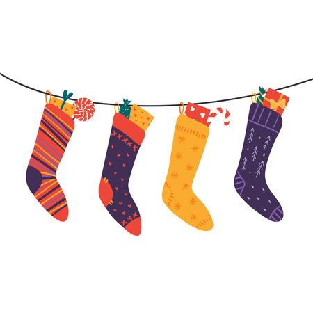 Hanging Christmas stockings filled with presents, isolated on transparent. Hand drawn flat vector illustration. Traditional holiday, Epiphany, Three Kings Day, seasonal design element, clip artのイラスト素材