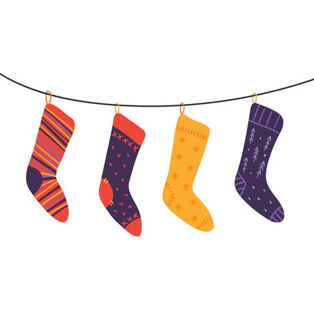 Hanging Christmas stockings, isolated on transparent. Hand drawn flat vector illustration. Traditional holiday, Epiphany, Three Kings Day, seasonal design element, clip artのイラスト素材