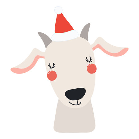 Goat in a Santa Claus hat isolated on transparent. Hand drawn flat vector illustration. Cute cartoon character. Traditional Christmas, New Year, seasonal design element, holiday clip artのイラスト素材