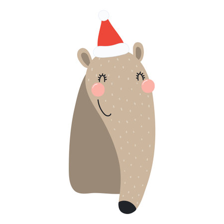 Anteater in a Santa Claus hat isolated on transparent. Hand drawn flat vector illustration. Cute cartoon character. Traditional Christmas, New Year, seasonal design element, holiday clip artのイラスト素材