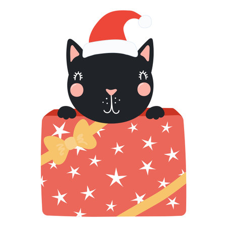 Cat hiding in a gift box isolated on transparent. Hand drawn flat vector illustration. Cute cartoon character. Traditional Christmas, New Year design element, clip artのイラスト素材