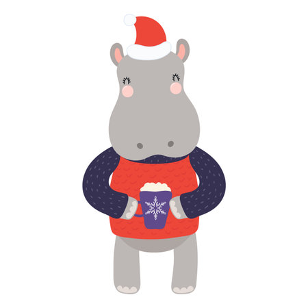 Hippo in a Santa hat, sweater, with mug isolated on transparent. Hand drawn flat vector illustration. Cute cartoon character. Traditional Christmas, New Year design element, clip artのイラスト素材
