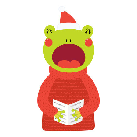Frog in sweater singing Christmas carols isolated on transparent. Hand drawn flat vector illustration. Cute cartoon character. Traditional Christmas, New Year design element, clip artのイラスト素材