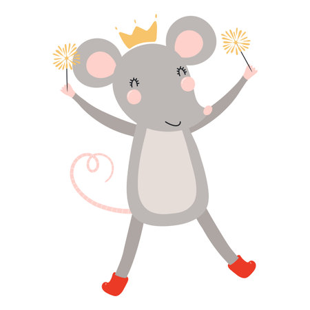Mouse in a crown, with sparklers isolated on transparent. Hand drawn flat vector illustration. Cute cartoon character. Traditional Christmas, New Year design element, clip artのイラスト素材
