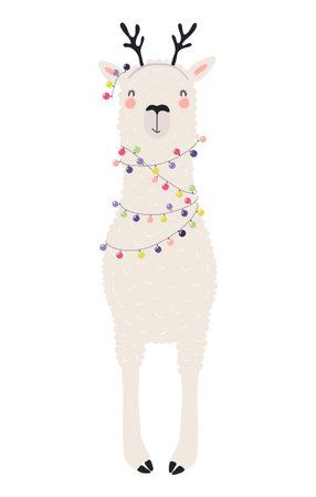 Llama with antlers, decorated with Christmas light isolated on transparent. Hand drawn flat vector illustration. Cute cartoon character. Traditional Christmas, New Year design element, clip artのイラスト素材
