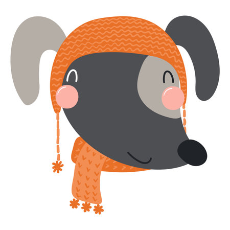 Dog in a knitted hat, scarf isolated on transparent. Hand drawn flat vector illustration. Cute cartoon character. Traditional Christmas, New Year design element, clip artのイラスト素材