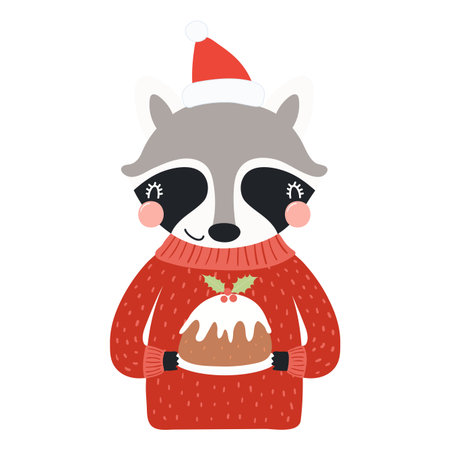 Raccoon with a Christmas pudding isolated on transparent. Hand drawn flat vector illustration. Cute cartoon character. Traditional Christmas, New Year design element, clip artのイラスト素材